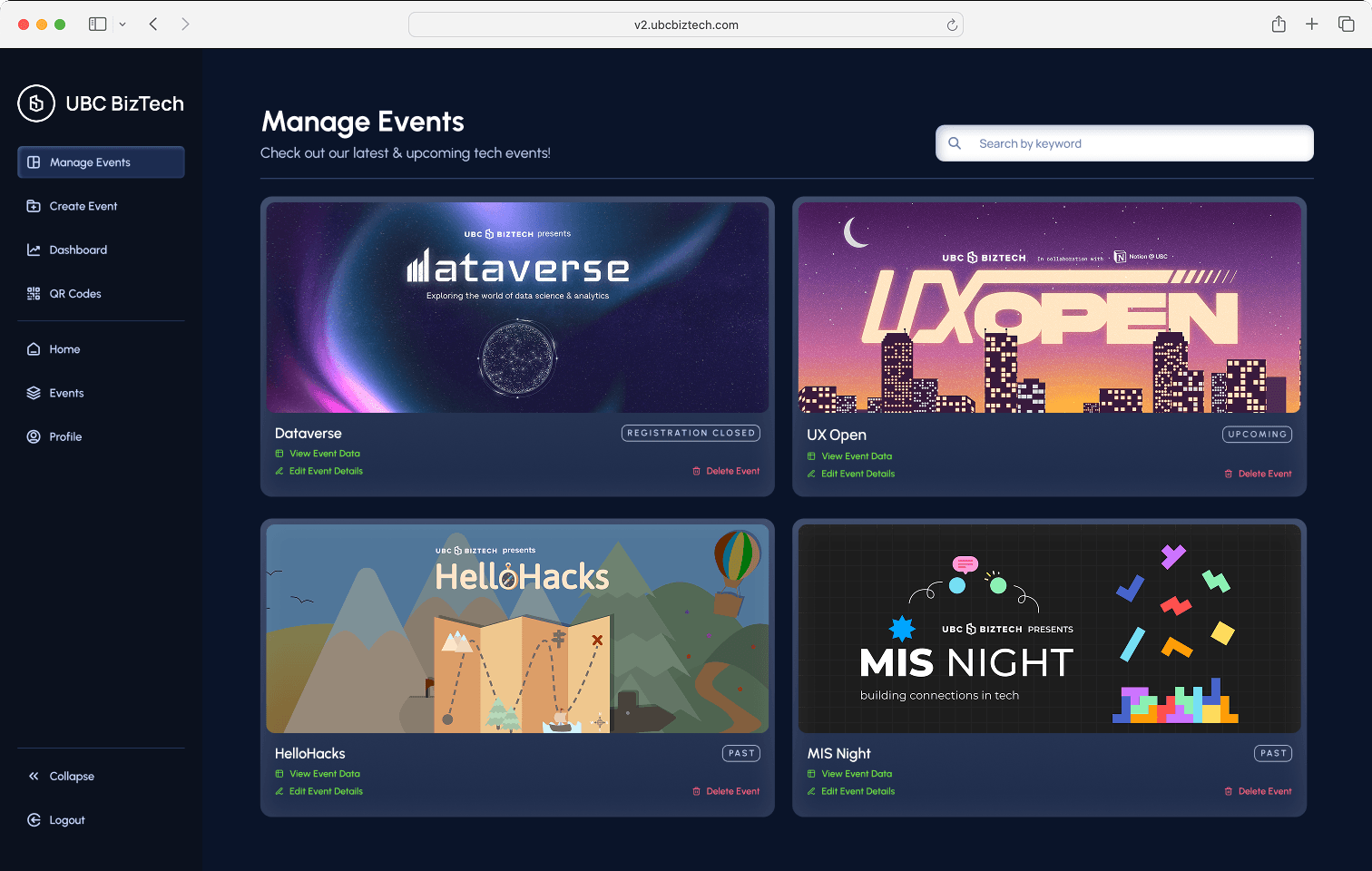 Frontend landing page for browsing new events.